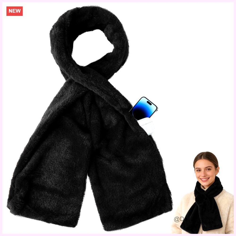 Faux Fur Pull Through Scarf with Hidden Zipper Pocket for Winter